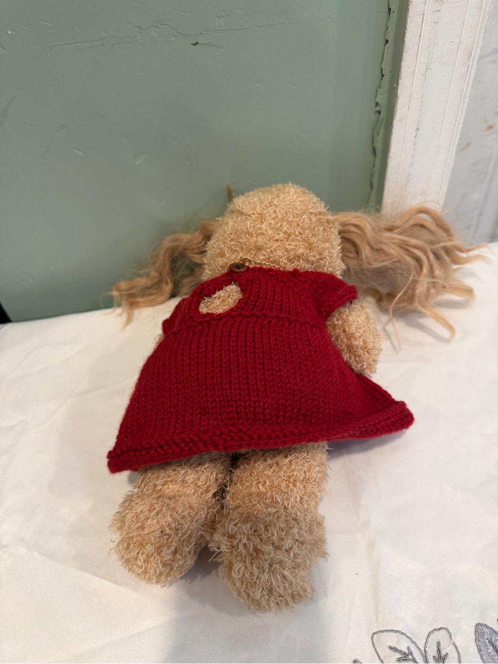 Ty Plush Bear in Red Knit Dress with Blonde Hair - Picture 6 of 9